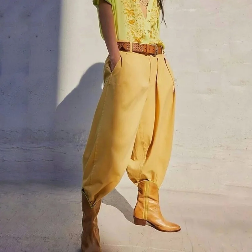 We The Free Ridley Mustard Pleated Wide-Leg Harem Jeans Oversized
